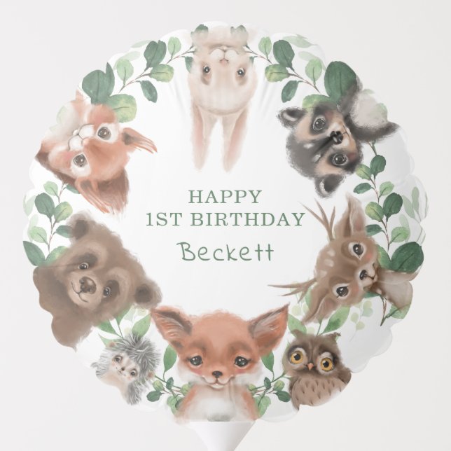 Trendy forest woodland animals wild one birthday balloon (Back)