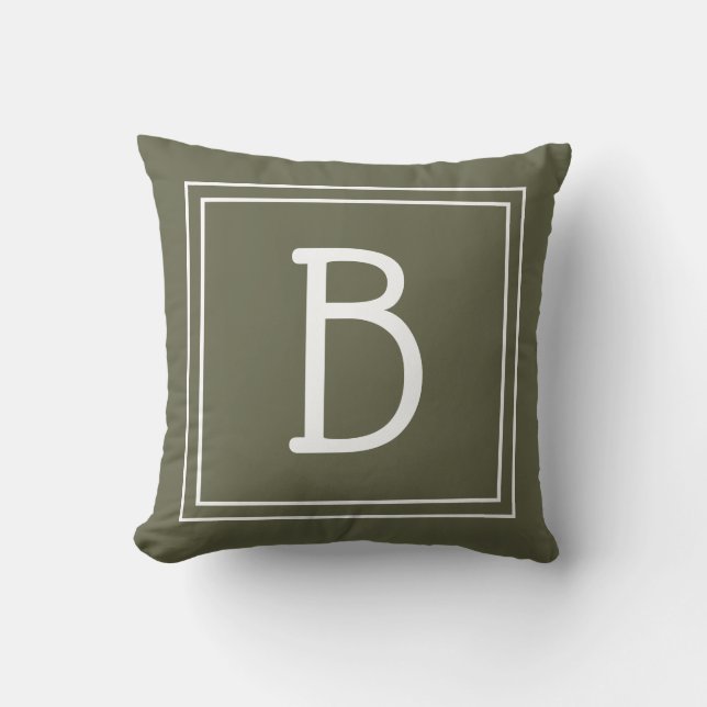 Trendy Framed Monogram Moss Green & White Initial Throw Pillow (Front)