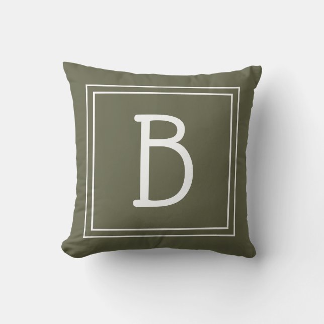 Trendy Framed Monogram Moss Green & White Initial Throw Pillow (Front)