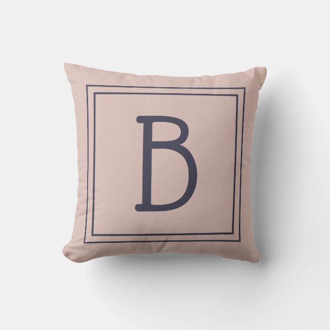 Trendy Framed Monogram Soft Pink & Dark Blue Throw Pillow (Front)