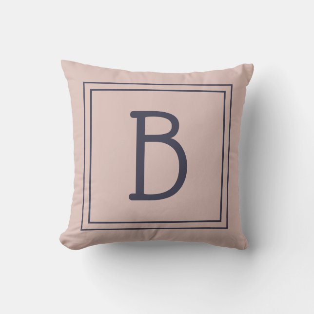 Trendy Framed Monogram Soft Pink & Dark Blue Throw Pillow (Front)