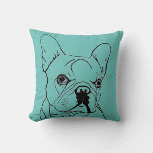 Trendy French Bulldog Teal Blue Line Drawing Throw Pillow