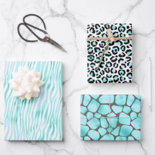 Trendy Fun Aqua Gray Black Safari Animal Print Wrapping Paper Sheets