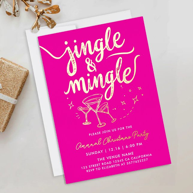Trendy Fun Fuchsia Christmas Party Cocktail Script Foil Invitation (Creator Uploaded)