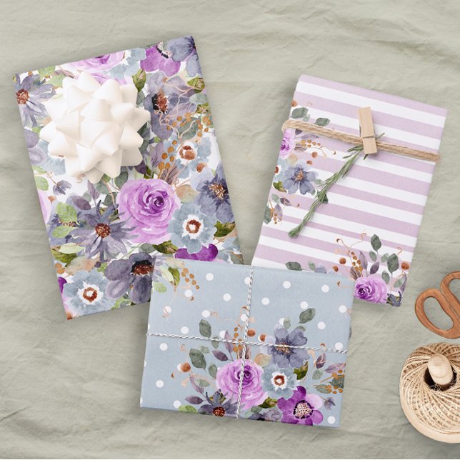 Trendy Fun Girly Pink Blue Purple Floral Stripe Wrapping Paper Sheets (Creator Uploaded)