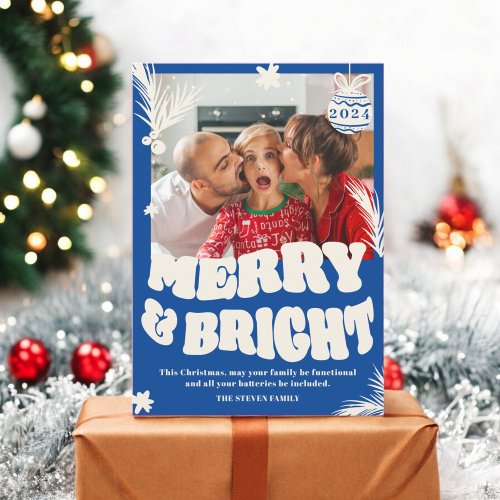 Trendy Fun Merry  Bright blue Christmas photo Holiday Card