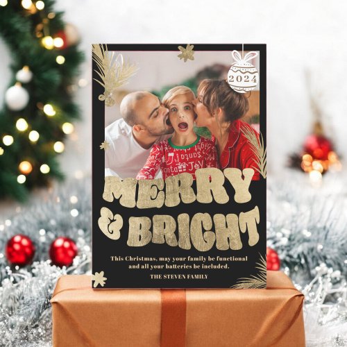 Trendy Fun Merry  Bright gold Christmas photo Holiday Card