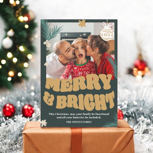 Trendy Fun Merry  Bright green Christmas photo Holiday Card