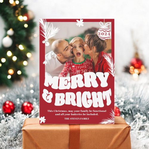 Trendy Fun Merry  Bright Red Christmas photo Holiday Card