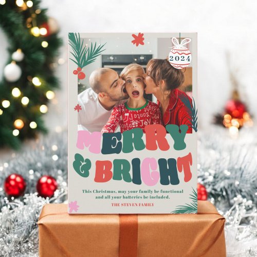 Trendy Fun Merry  Bright retro Christmas photo Holiday Card