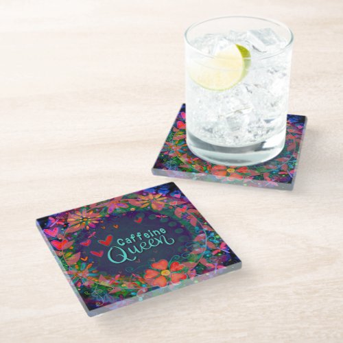 Trendy Fun Unique Caffeine Queen Floral Glass Coaster