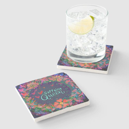 Trendy Fun Unique Caffeine Queen Floral Stone Coaster