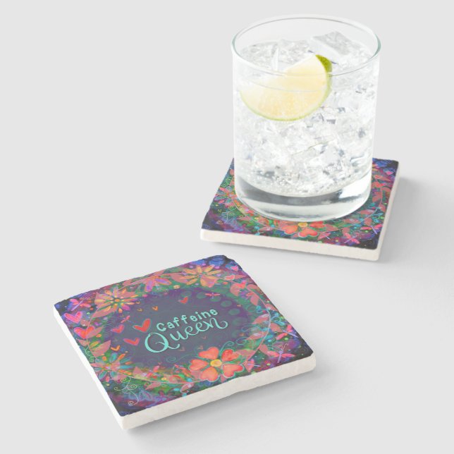 Trendy Fun Unique Caffeine Queen Floral Stone Coaster (Side)