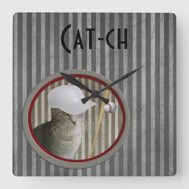 Trendy funny baseball cat cat-ch square wall clock (Front)