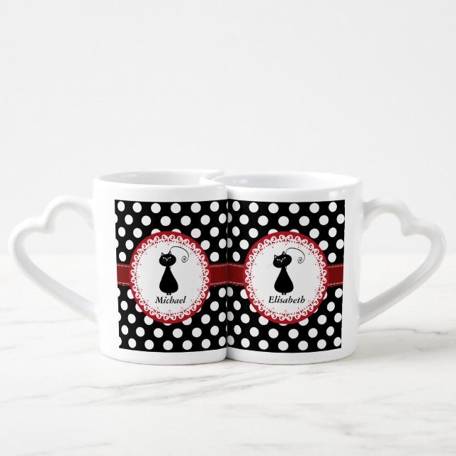 Trendy funny whimsical cat love couple personalize coffee mug set (Back Nesting)