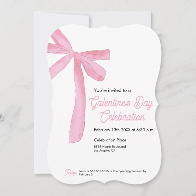 Trendy Galentine's day Pink Ribbon Bow  Invitation (Front)