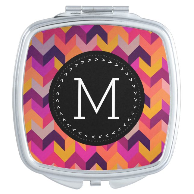 Trendy Geometric Chevron Custom Black Monogram Vanity Mirror (Front)