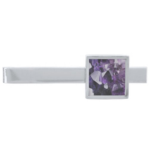 trendy geometric crystal gemstone purple amethyst silver finish tie bar