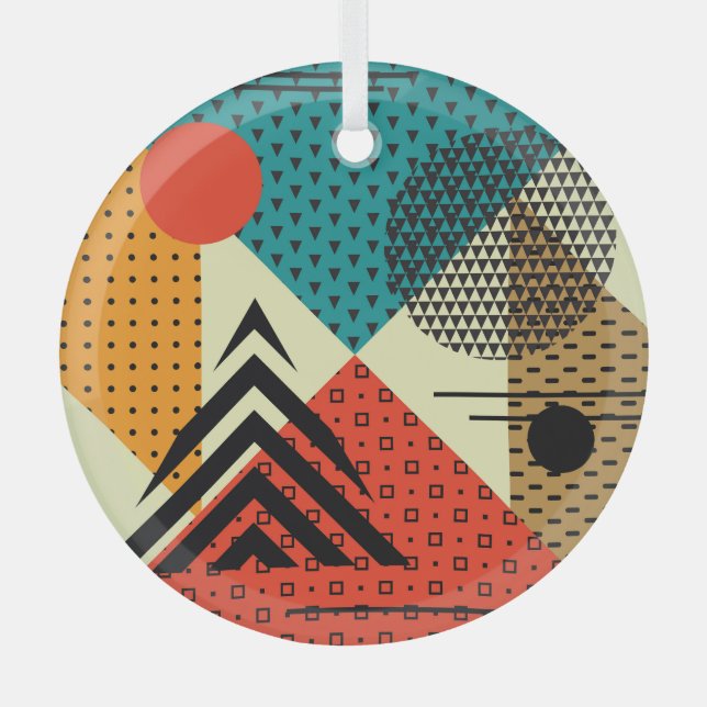 Trendy Geometric Elements, Retro Style. Glass Ornament (Front)