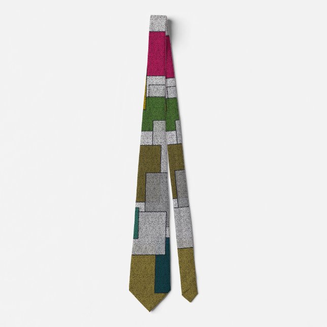 Trendy Geometric Gray Green Pink Design Neck Tie (Front)