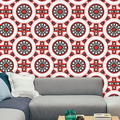 Trendy Geometric Medallion Motifs Red Black White  Wallpaper