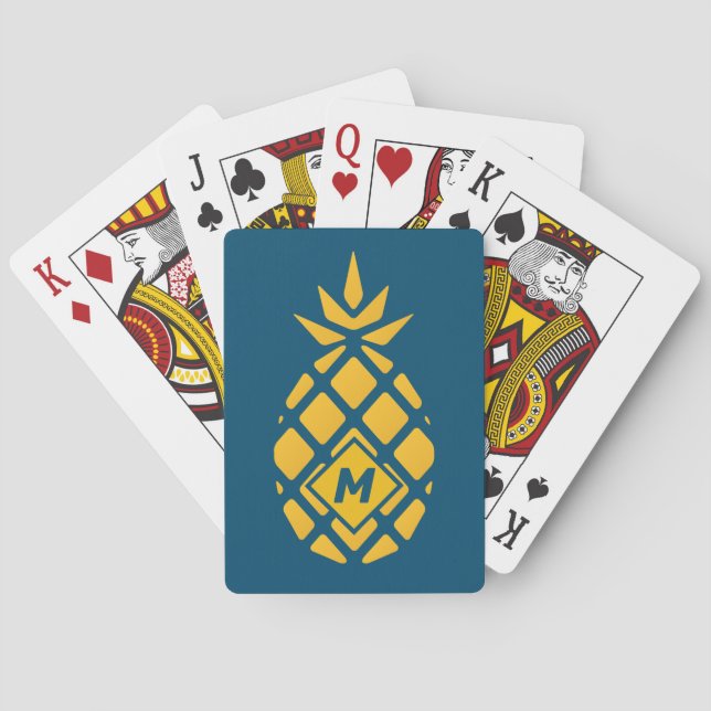 Trendy Geometric Pineapple Blue Monogram Poker Cards (Back)