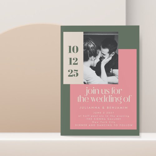 Trendy Geometric Pink and Green Photo Wedding Invitation