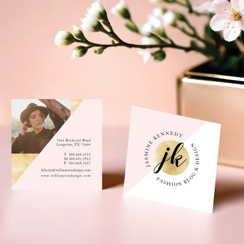 Trendy Geometric Pink  Gold Monogram With Photo Square Business Card