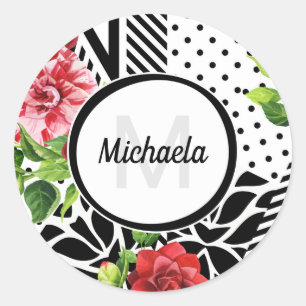 Trendy Geometric Stripe Pattern Red Foral Monogram Classic Round Sticker