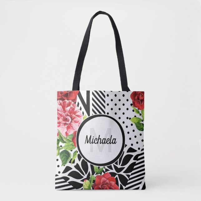 Trendy Geometric Stripe Pattern Red Foral Monogram Tote Bag (Front)
