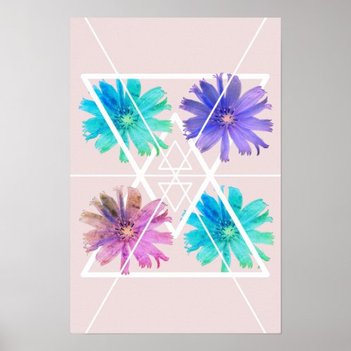 Trendy geometric triangles flowers pink poster