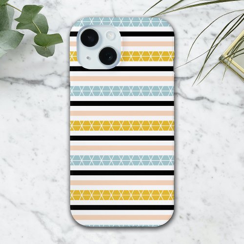 Trendy Geometric White Black Yellow Stripes Design iPhone 15 Case