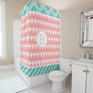 Trendy Geometric & White Cactus Monogram Shower Curtain