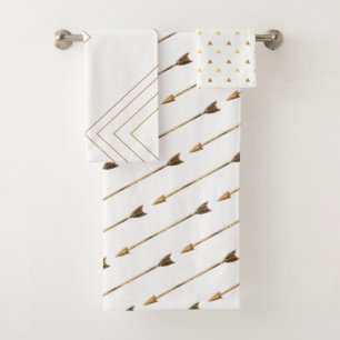 Trendy Geometric White & Gold Arrows Bath Towel Set
