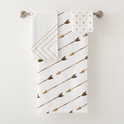 Trendy Geometric White  Gold Arrows Bath Towel Set