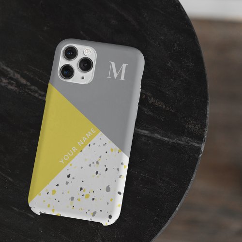 Trendy Geometric Yellow Grey Terrazzo Monogram iPhone 12 Case