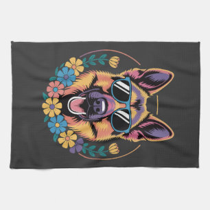 Trendy German Shepherd in Floral Style Kitchen Towel