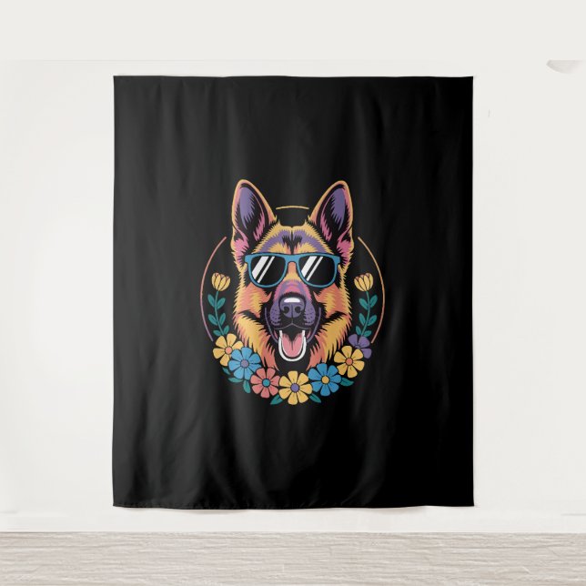 Trendy German Shepherd in Floral Style Tapestry (Front)