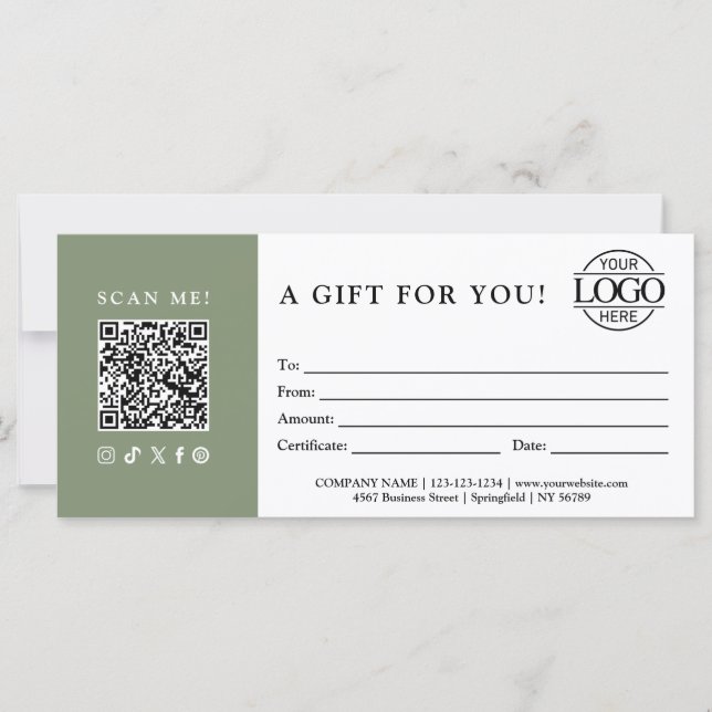 Trendy Gift Certificate | Business Logo & QR Code (Front)