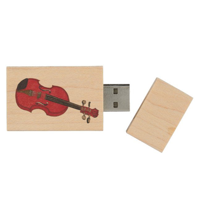 Trendy gift illustration drawing cool red violin  wood flash drive (Opened)