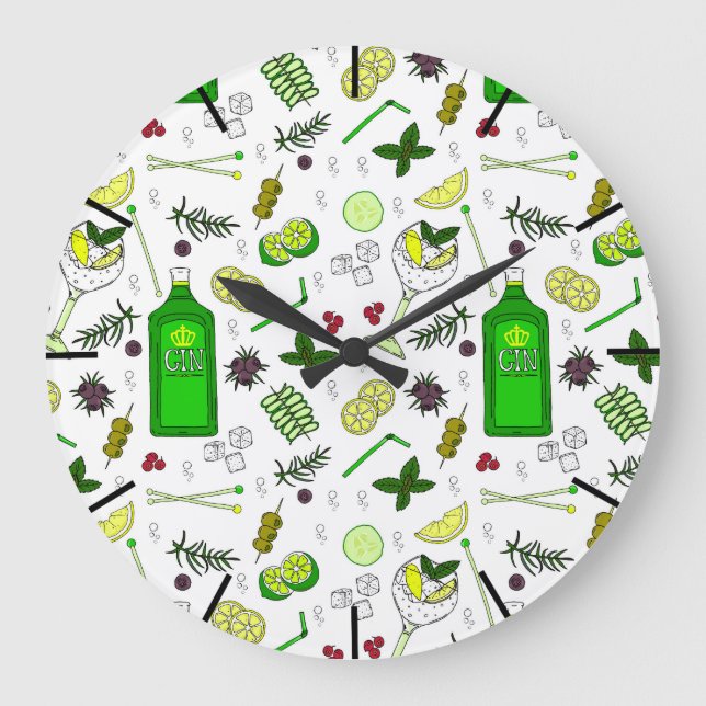Trendy Gin Cocktails Print Cocktail Bar Patterned Large Clock (Front)