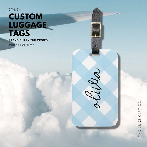 Trendy Gingham Check Blue Luggage Tag