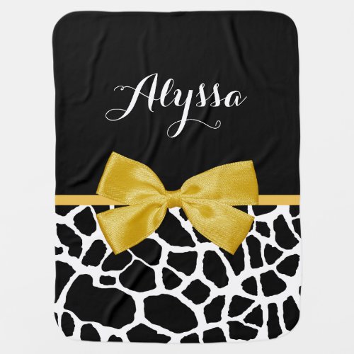 Trendy Giraffe Print Golden Yellow Bow With Name Baby Blanket