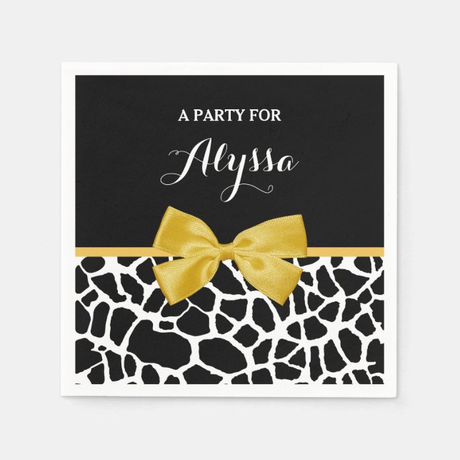 Trendy Giraffe Print Golden Yellow Bow With Name Napkins (Front)