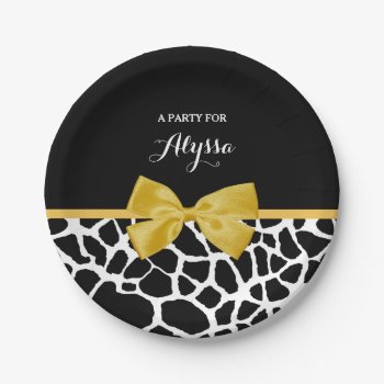 Trendy Giraffe Print Golden Yellow Bow With Name Paper Plates by ohsogirly at Zazzle
