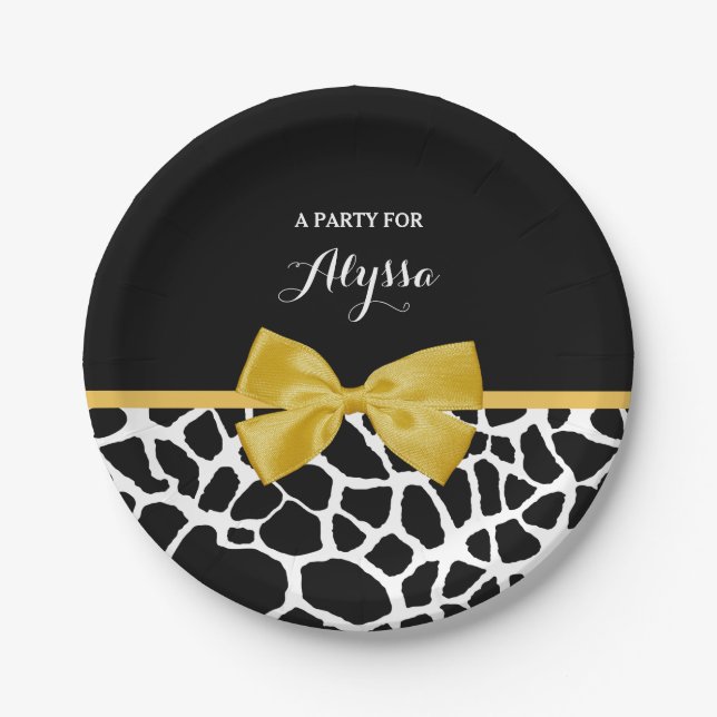 Trendy Giraffe Print Golden Yellow Bow With Name Paper Plates (Front)