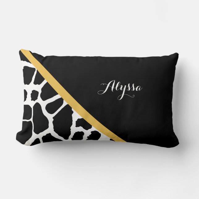 Trendy Giraffe Print Golden Yellow Stripe and Name Lumbar Pillow (Front)