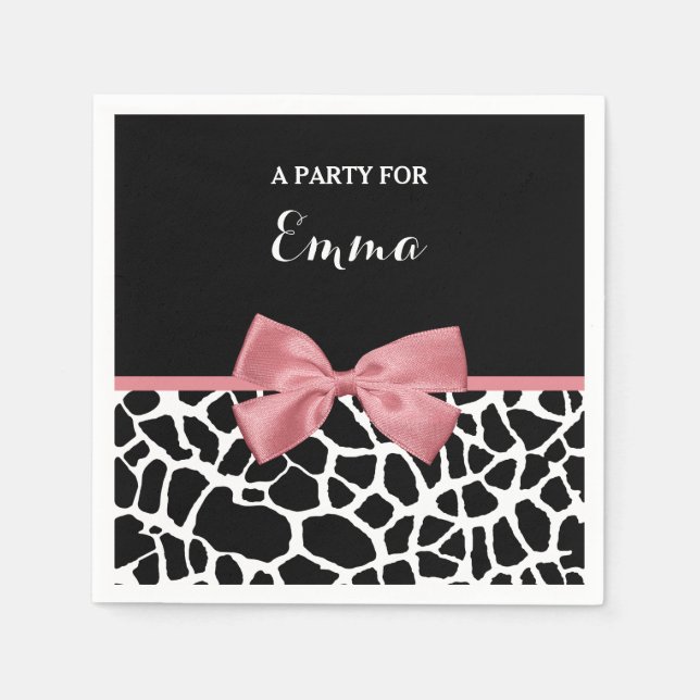 Trendy Giraffe Print Rosy Pink Bow With Name Napkins (Front)