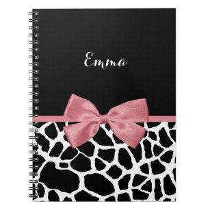 Trendy Giraffe Print Rosy Pink Bow With Name Notebook