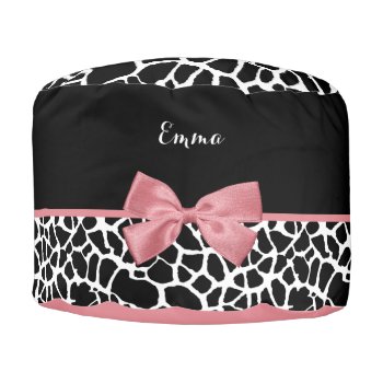 Trendy Giraffe Print Rosy Pink Bow With Name Pouf by ohsogirly at Zazzle